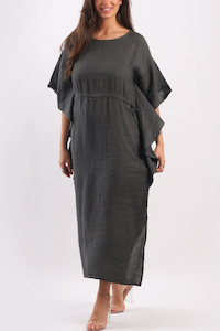 Linen Maxi Dress: Linen Kaftan Dress - Charcoal