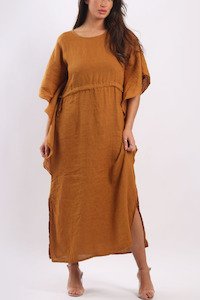 Linen Maxi Dress: Linen Kaftan Dress - Mustard