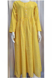 Dresses: Cotton Check Dress - Yellow