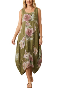 Italian Linen Floral Sundress - Khaki