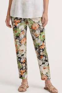 Italian Stretch Pants - Black, Orange & Green flowers