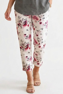 Italian Stretch Pants - White with Pink Roses
