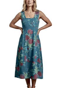 Italian Linen Floral Sundress - Teal