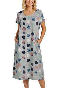 Linen Dress with Ribbed Sides Sleeves - Spots Light Grey