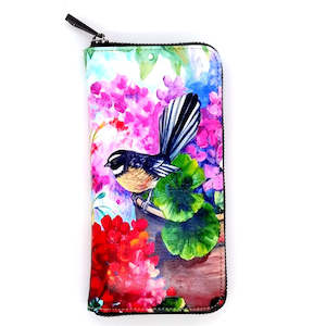 Accessories: Long Wallet Zip-Around - Irina Velman, Fantail Birds on Pot - NZ ARTISTS COLLECTION