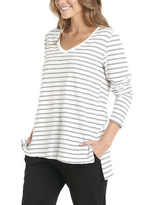 Under 50: Bonnie Long Sleeve White/Black Stripe Top - BETTY BASICS