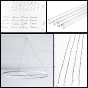 Ceiling Draping Hardware: Complete Ceiling Draping Hanging Kit including - Acrylic Tubes, Clips, Chains and Fixed White Ring