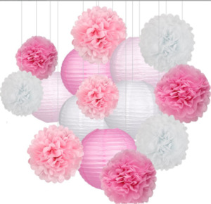 Pom Poms: Paper Lantern Pom Pom Set  - Pastel Pink