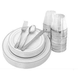 Charger Plates: Plastic Dinner Plate Set - Plates, Cups, Cutlery - Silver & White (150pc / 25 Person)