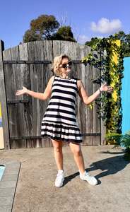 HUFFER Navy/Tan Stripe Knee Dress - NEW WITH TAGS