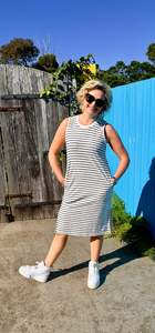 HUFFER Navy/White Stripe Midi Dress - NEW WITH TAGS