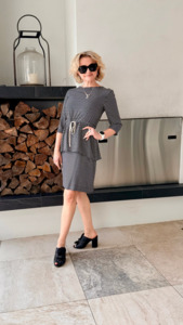 Dresses: JULIETTE HOGAN Black/Tan Knee Length Silk Dress
