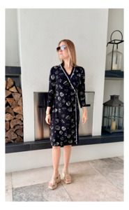 Dresses: BCBGMaxAzria Black/White Knee Length Wrap Dress