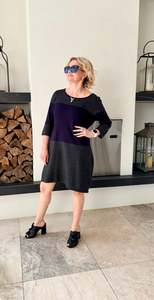 DAVID LAWRENCE - Grey/Navy Knee Length Wool Blend Dress