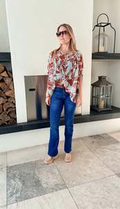 Tops: AUGUSTINE - Blue/Orange Floral Sheer Top, Size M