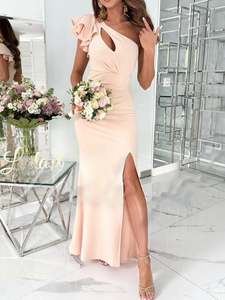 Cutout One Shoulder Ruffle Split Dress