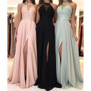 Bridesmaid Dresses: Halter Lace Chiffon Dress Prom Evening Dress Split Long Skirt