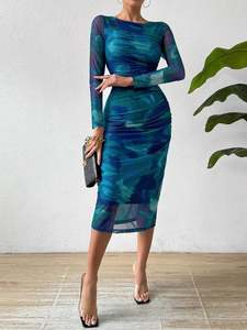 Newest: Watercolor Print Mesh Bodycon Midi Dress