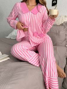 Stripe Buttoned Front Long Sleeve Top and Pants 2 Piece Sleepwear