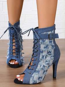 Womens High Heels: Distressed Denim Lace-Up Peep Toe Ankle Boots