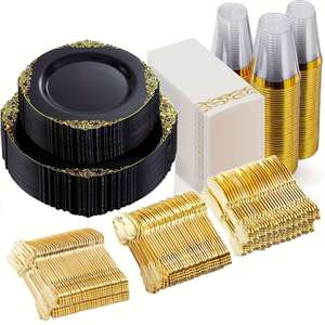 175pcs Black & Gold Tableware Set for 25 Guests