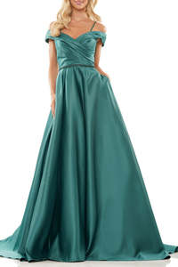 Formal Dresses: Off-Shoulder Satin Ball Gown – Pleated Corset Prom Dress with Pockets