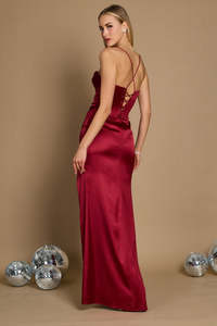 Corset Cowl Satin Prom Dress – Draped Spaghetti Strap Formal Gown with Slit