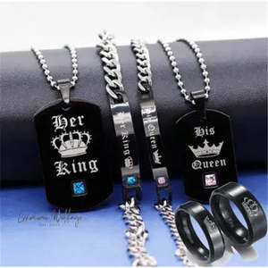 Couple's Black Crystal Necklace Rings Set