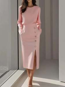 Womenswear: Long Sleeve Button Detail Midi Dress with Side Slit