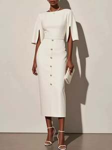 Womenswear: Slit Sleeve Midi Dress with Decorative Button