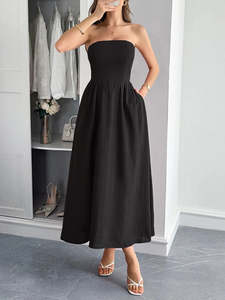 Strapless A-Line Midi Dress with Pockets