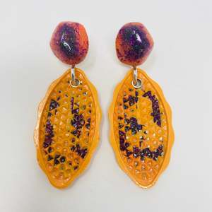 Rock Earrings: Cateye Earrings, bright orange, purple and glitter