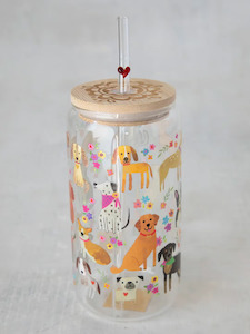 Dog Lovers: Glass Tumbler with Lid and Straw - Dogs