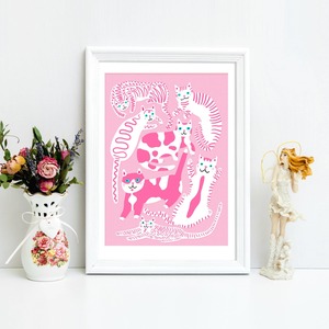 A3 Art Print - 9 Pink Cats