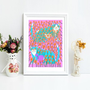 A3 Art Print - Two Blue Cats In The Flowers