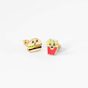 Asymmetrical Cloisonné Stud Earrings - Burger & Fries