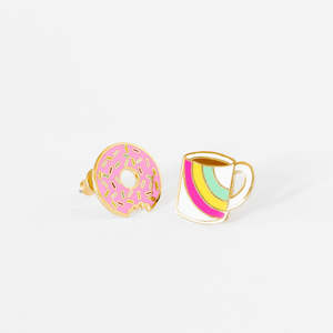 Asymmetrical Cloisonné Stud Earrings - Coffee & Donut