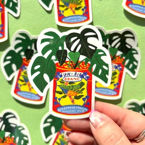 Vinyl Sticker - Monstera House Plant & Vintage Sun Bird Can