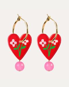 Entire: Heart Gold Folk Floral Hoop Earrings - Red
