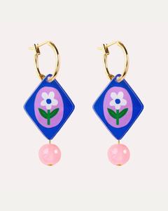 Diamond Gold Folk Floral Hoop Earrings - Blue