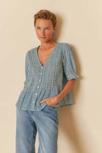 Fashion: Indi & Cold Print Short Sleeve Shirt Indigo