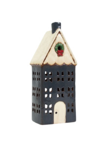 Christmas Tea Light House Blue with Wreath Large