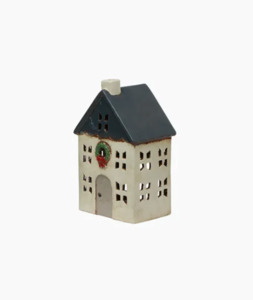 French Country Collections: Christmas Tea Light House Blue with Wreath Small