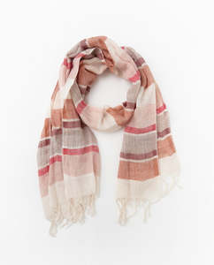Accessories: Yerse - 100% Linen Striped Fringed Scarf