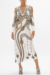 CAMILLA Plunge Draped Shoulder Dress - Goddess Energy