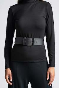 PAULA RYAN Squared Buckle Leather Belt - Black/Gunmetal