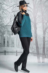 Sweaters: PAULA RYAN Chevron Jaquard Cowl Sweater - Ironsand/Kinfisher