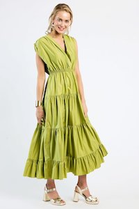 DEVOTION TWINS - Faidra Long Dress With Belt Dark Lime
