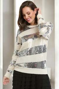 URBAN LUXURY Sequin Striped Jumper - Cream/Grey