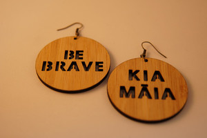 Products: Bilingual 'Kia Māia/ Be Brave' Earrings - Wood Māia Centre
